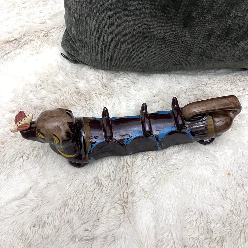 Suki Dachshund Wiener Dog Japanese Decanter Vintage Ceramic Brown Blue Dragonfly